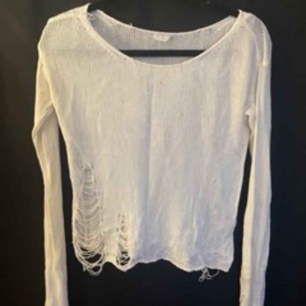 White Distressed Long-Sleeve Knit Sweater